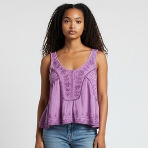 Rhea Purple Embroidered Crinkle Gauze Boho Tank Top Sleeveless Women Small